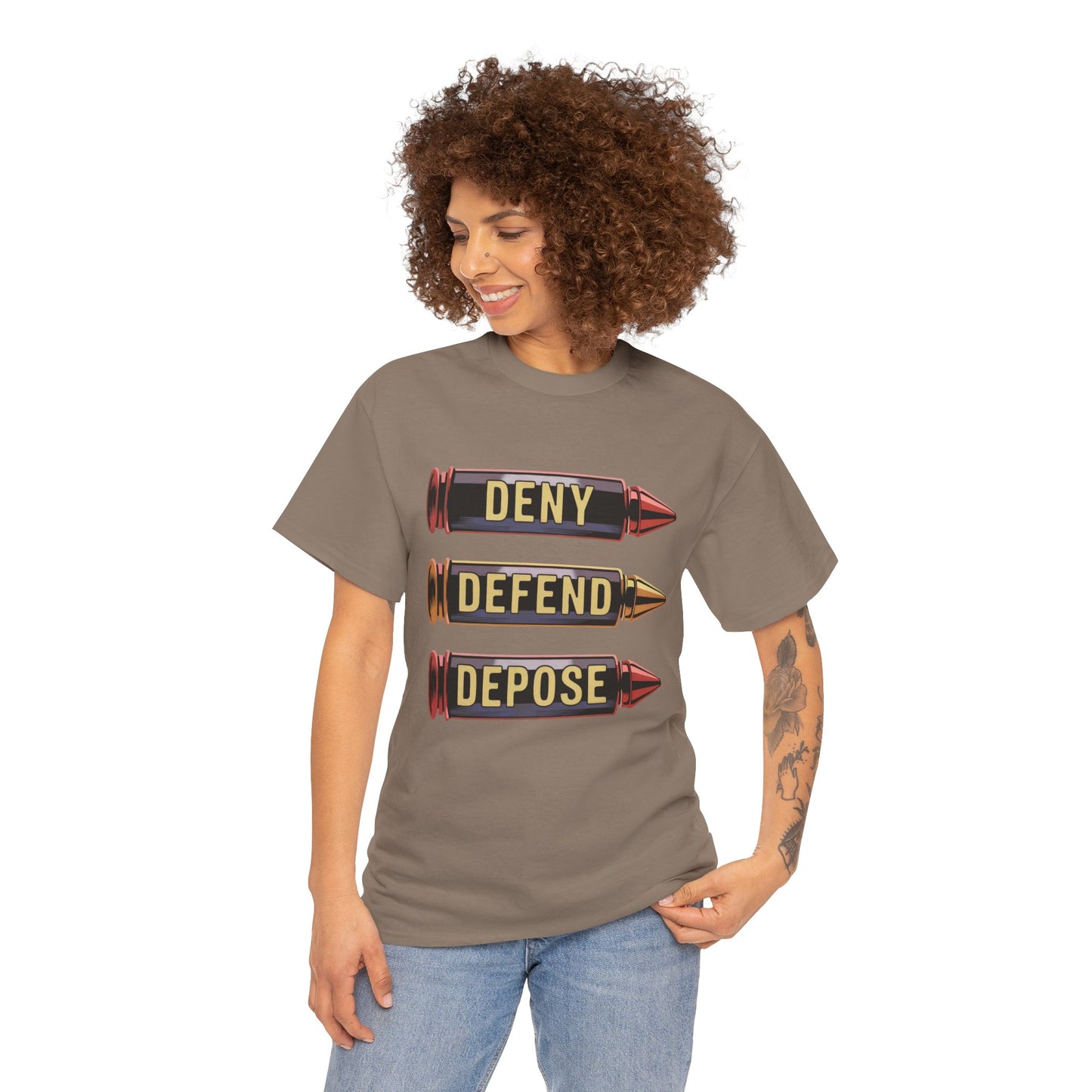 Deny Defend Depose Bullet Graphic T-Shirt – Bold Statement Tee