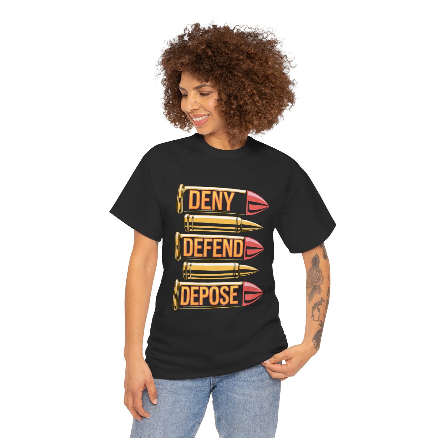 Deny Defend Depose Bullet Graphic T-Shirt – Bold Statement Tee