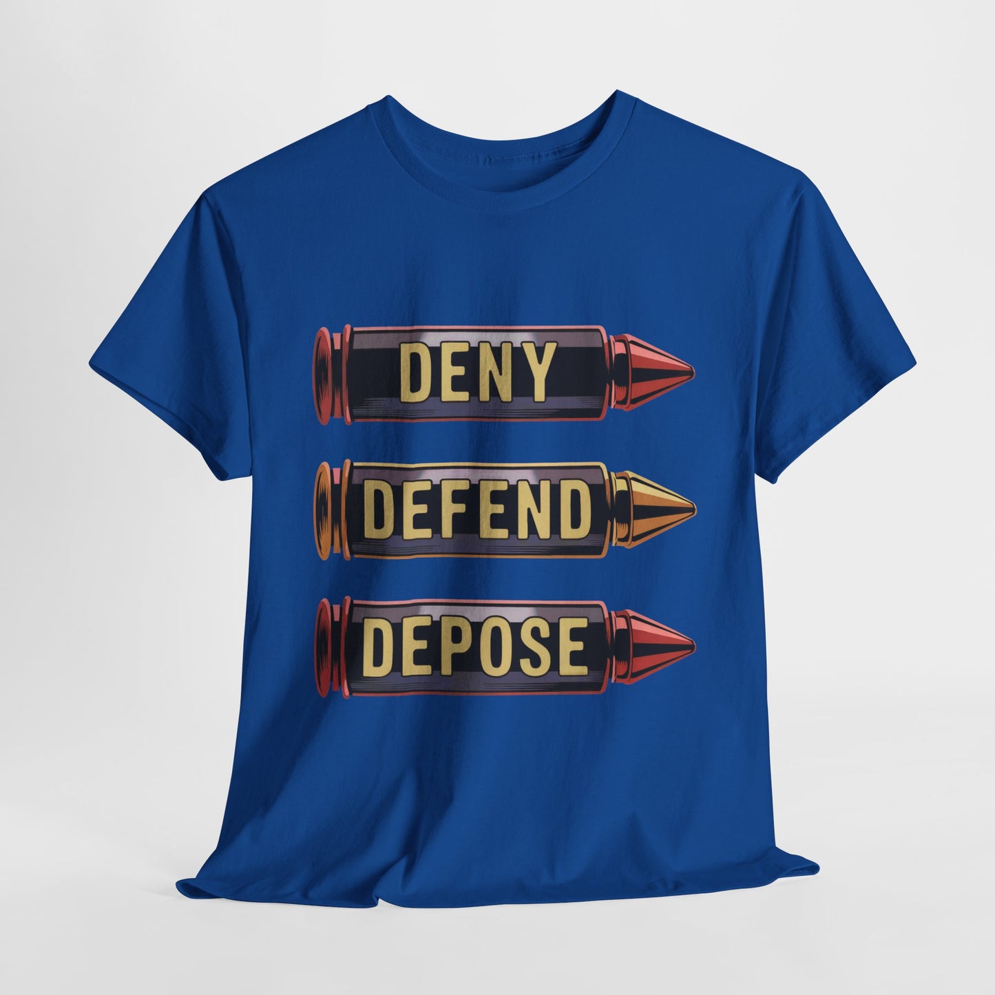 Deny Defend Depose Bullet Graphic T-Shirt – Bold Statement Tee