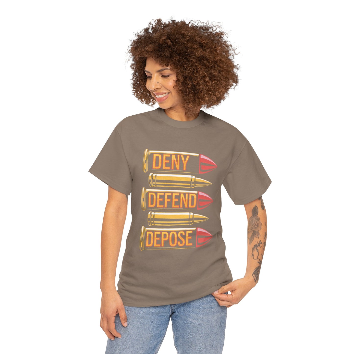 Deny Defend Depose Bullet Graphic T-Shirt – Bold Statement Tee