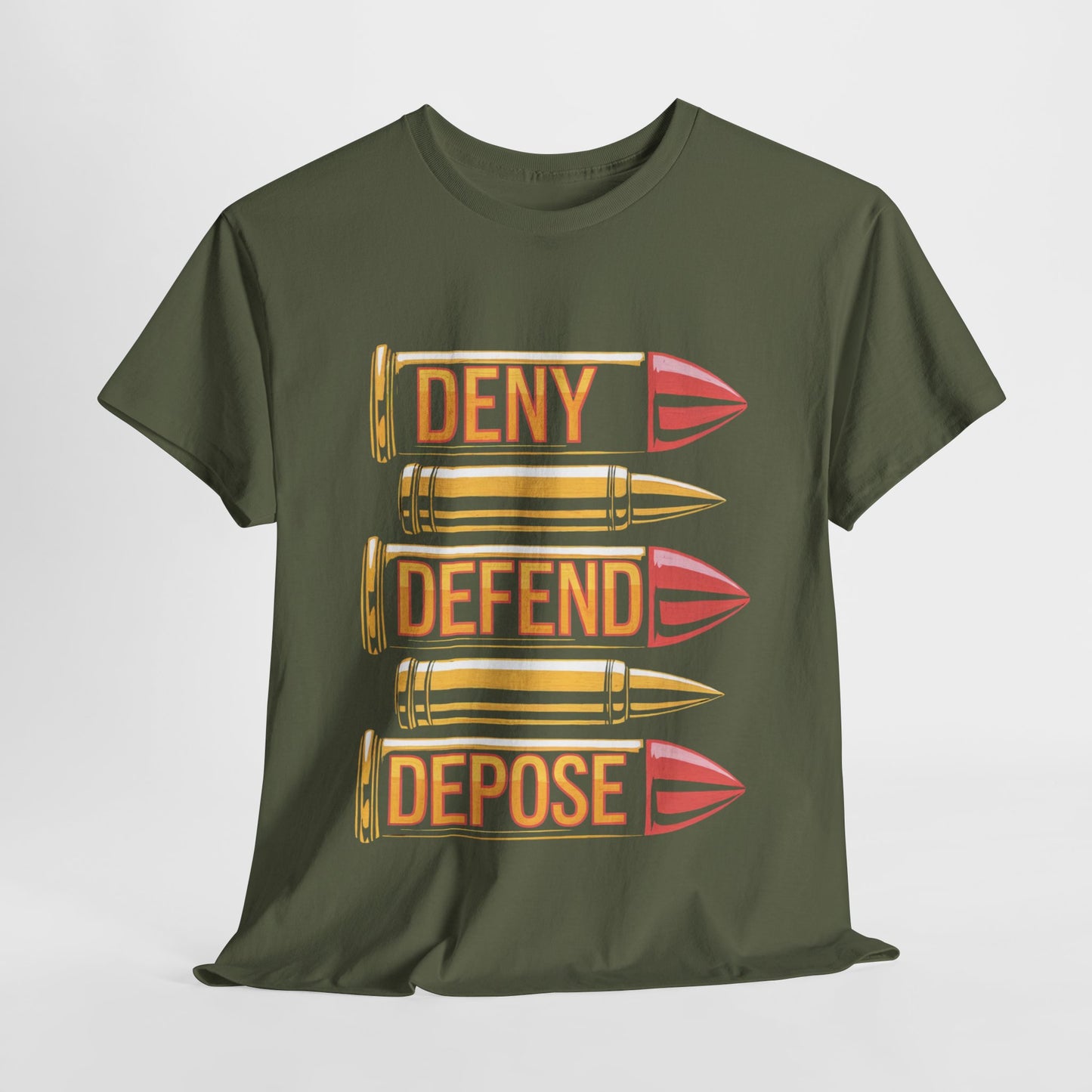 Deny Defend Depose Bullet Graphic T-Shirt – Bold Statement Tee