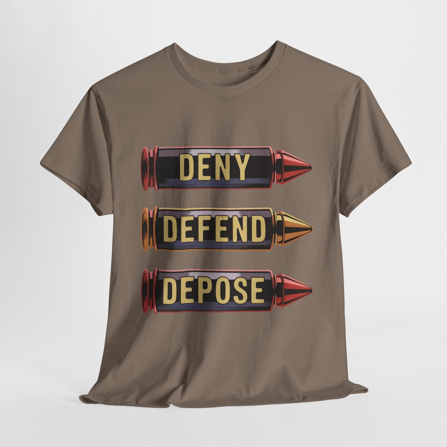 Deny Defend Depose Bullet Graphic T-Shirt – Bold Statement Tee