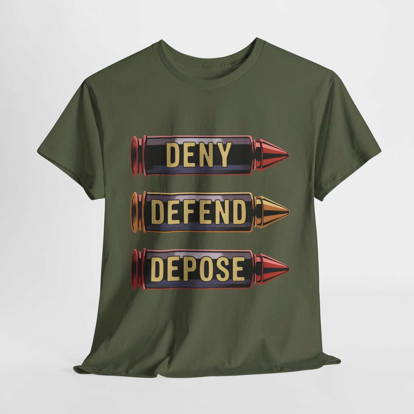 Deny Defend Depose Bullet Graphic T-Shirt – Bold Statement Tee