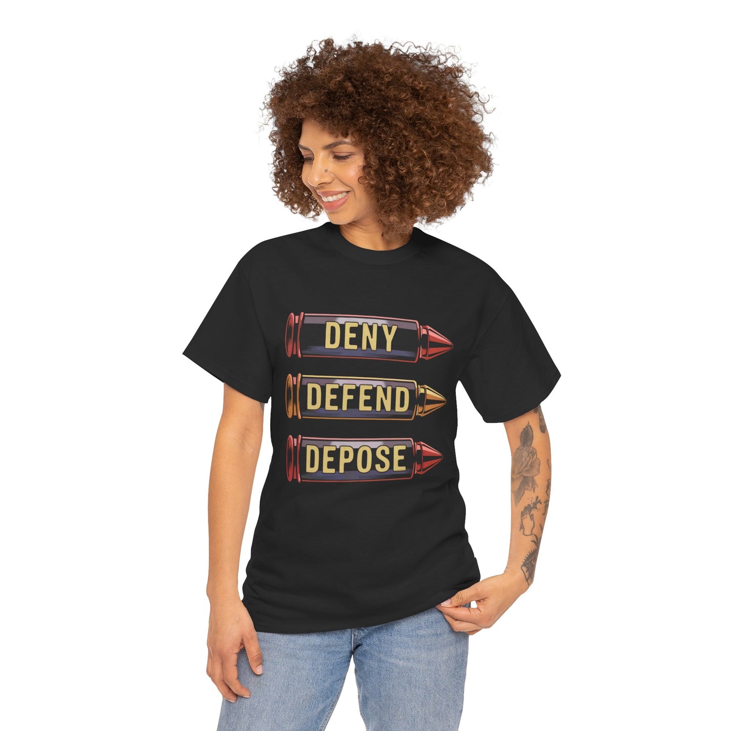 Deny Defend Depose Bullet Graphic T-Shirt – Bold Statement Tee