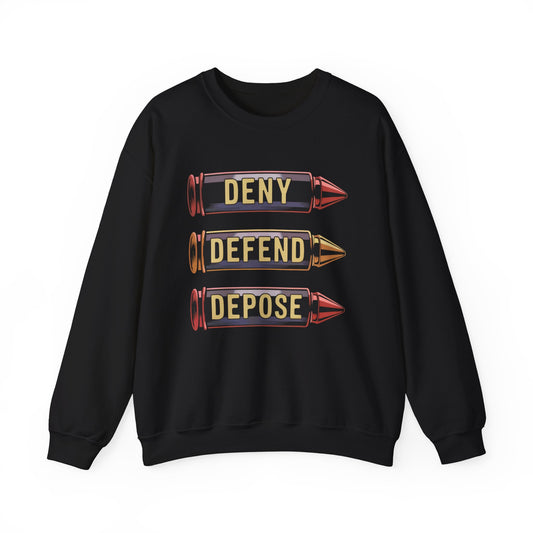 Deny Defend Depose Bullet Graphic Sweatshirt – Edgy Political Pullover