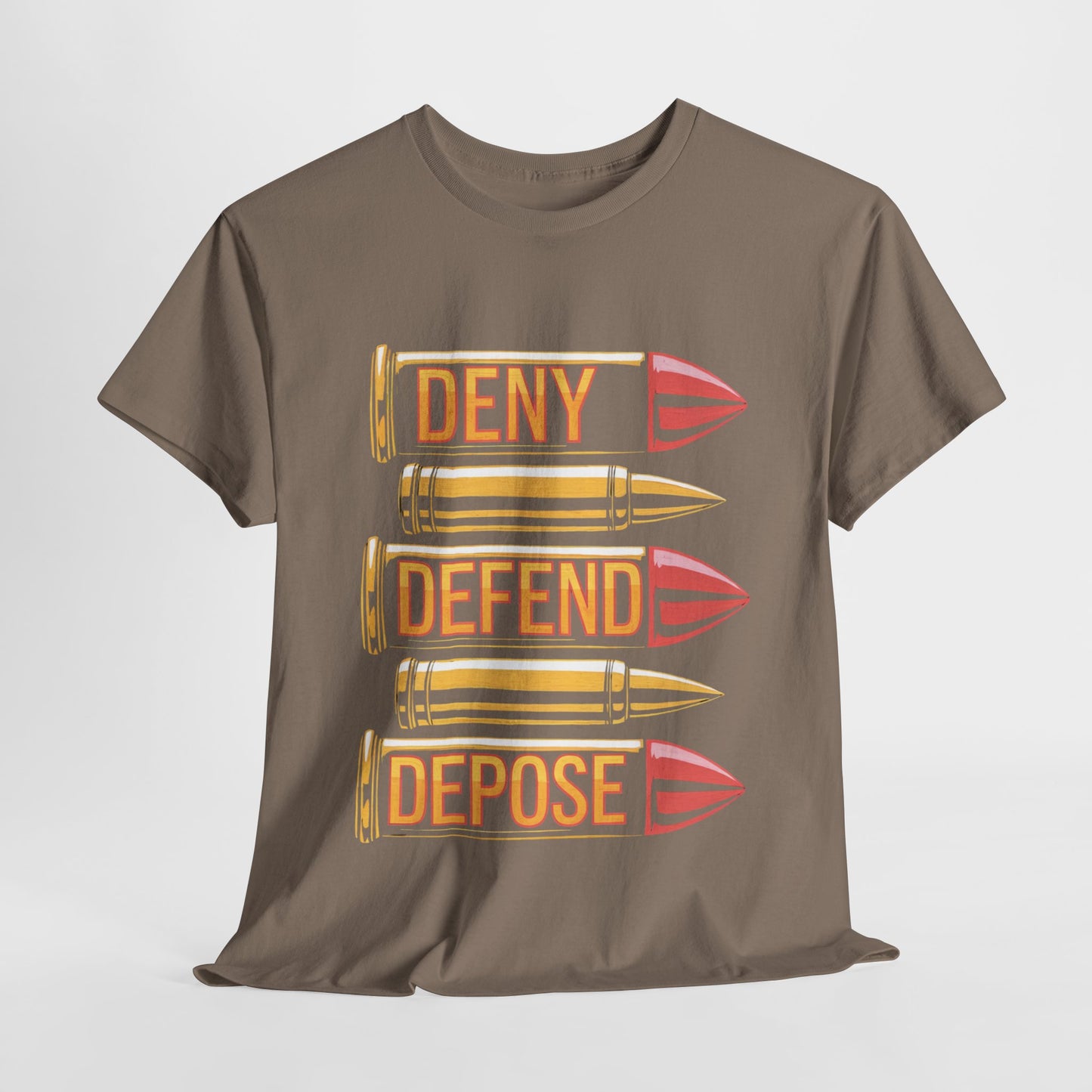 Deny Defend Depose Bullet Graphic T-Shirt – Bold Statement Tee