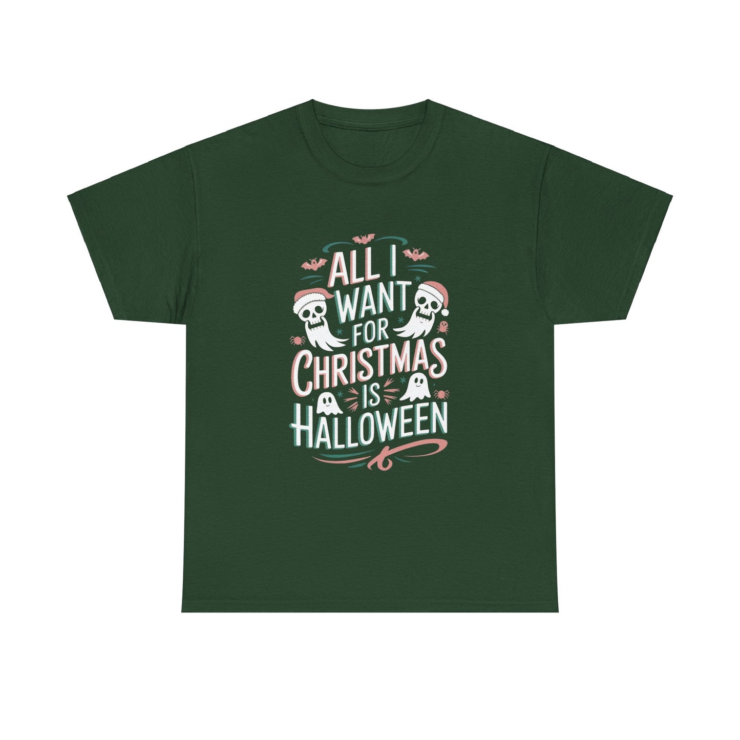 All I Want for Christmas is Halloween Skeleton Ghost Santa Hat Unisex Tee, Funny Holiday Gift Shirt, Cotton Tshirt, Festive Costume Top, Spooky Xmas Apparel